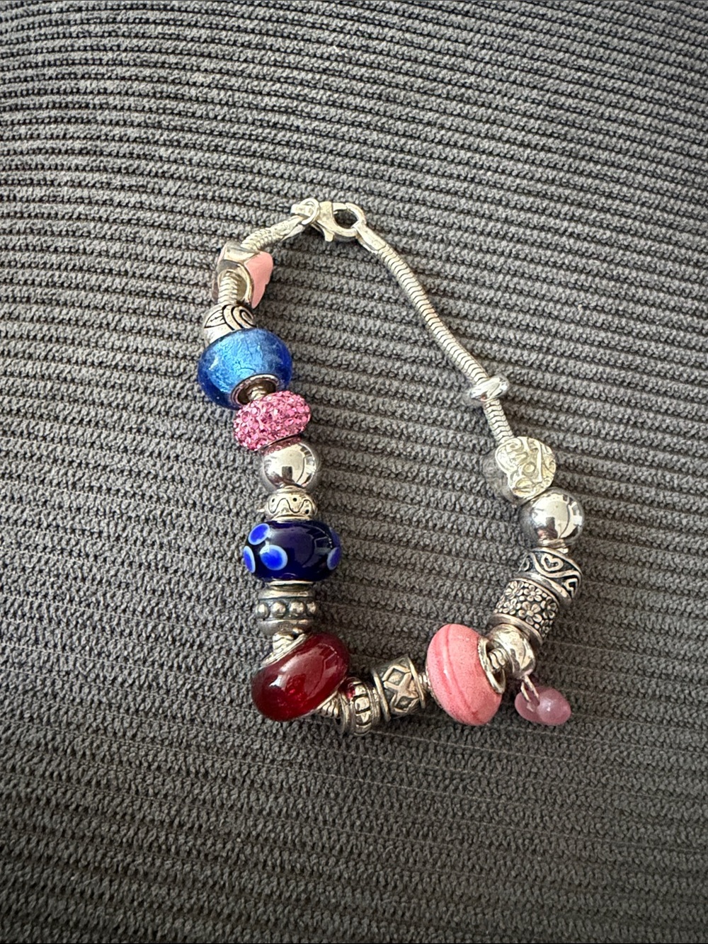 Colorful Glass Bead Charm Bracelet in Pink, Blue and Red